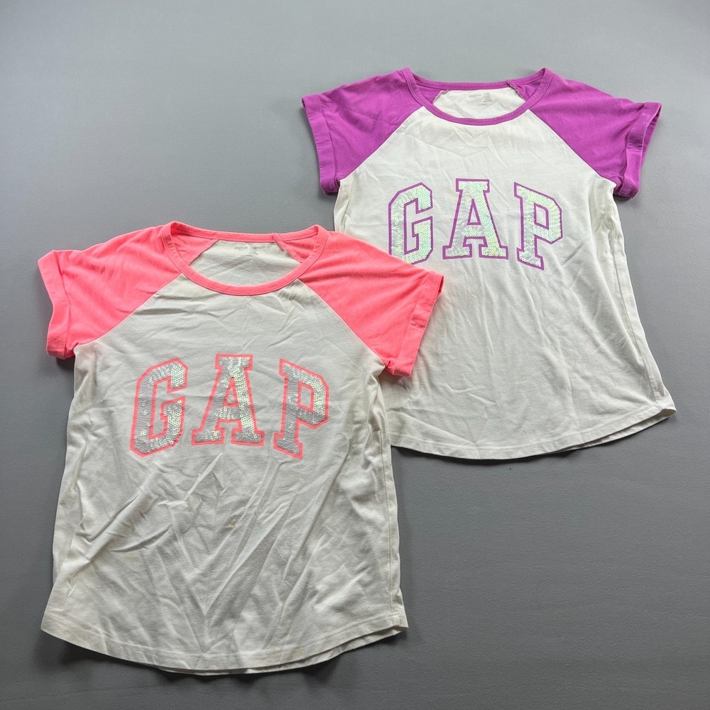 Set Of 2 Gap T Shirt Girls 2XL Multicolor Embellished Sequin Logo Raglan Sleeve